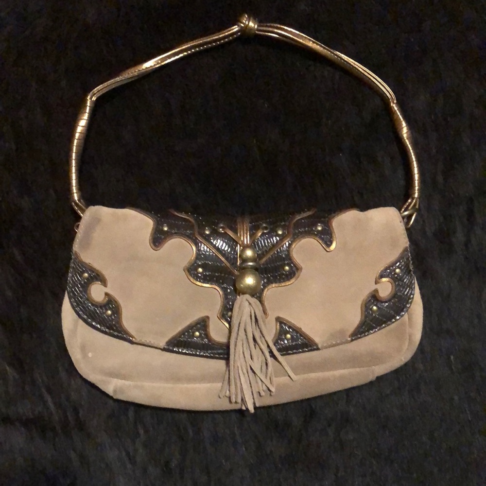 Gianni Bini tan suede with brown leather outside and purple inside clutch